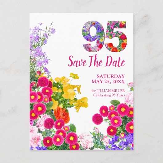 95e verjaardag bloemenmodern Save The Date Aankondigingskaart (Voorkant)