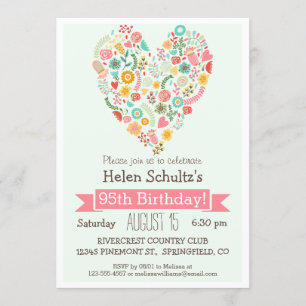 95e verjaardag, Cute Floral Heart Birthday Party Kaart