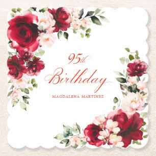 95e Verjaardag Feest Rood Roze Bloemen Custom Kartonnen Onderzetters