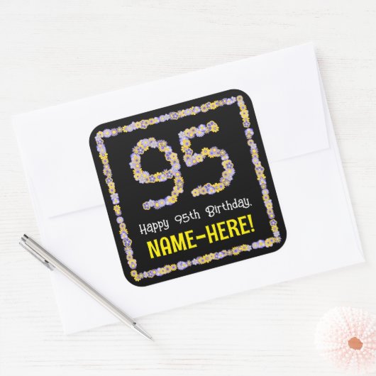 95e verjaardag: Floral Flowers Number, Custom Name Vierkante Sticker (Envelop)