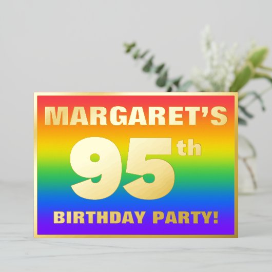 95e verjaardag: Fun, kleurrijk regenboogpatroon Folie Uitnodiging (Staand Voorkant)