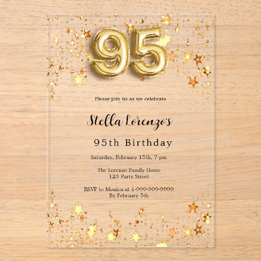 95e verjaardag gouden sterren helder acryl uitnodigingen (Voorkant)