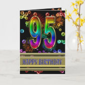 95e verjaardag met regenboogbubbels en vuurwerk kaart (Gele Bloem)
