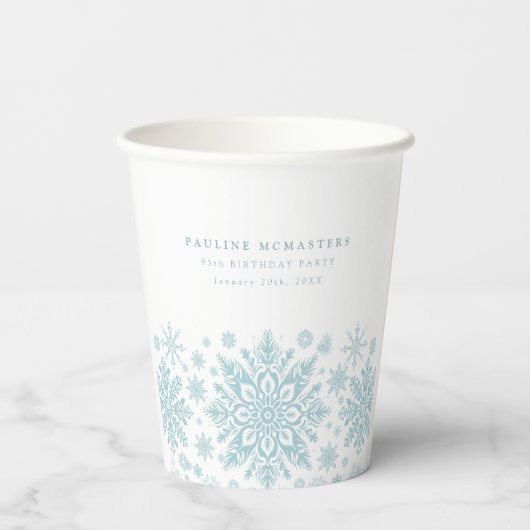 95e Verjaardag Party Blauw Wit Sneeuwvlok Custom Papieren Bekers (Achterkant)