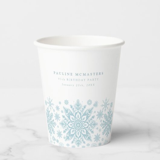 95e Verjaardag Party Blauw Wit Sneeuwvlok Custom Papieren Bekers (Voorkant)