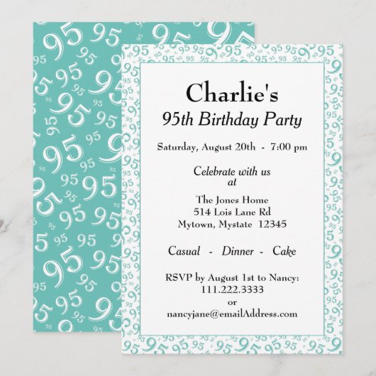 95e verjaardag Random Number Pattern Blauwgroen/Wh Kaart (Voorkant / Achterkant)