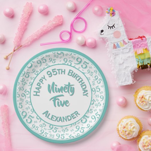 95e verjaardag Random Number Pattern Blauwgroen/Wh Papieren Bordje (Feest)