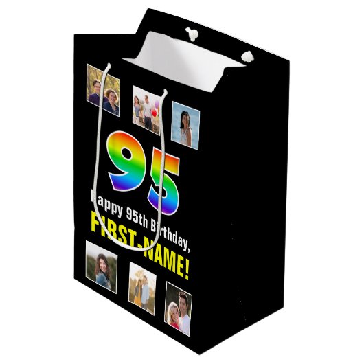 95e verjaardag: Regenboog "95", aangepaste foto's Medium Cadeauzakje (Voorkant Gekanteld)