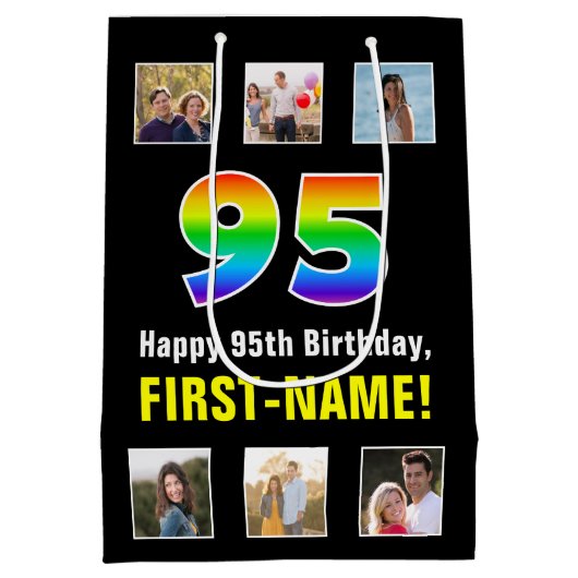 95e verjaardag: Regenboog "95", aangepaste foto's Medium Cadeauzakje (Achterkant)