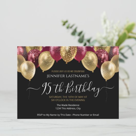 95e verjaardag Rode en gouduitnodiging Kaart (Staand voorkant)