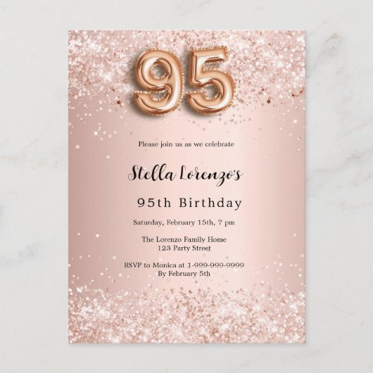 95e verjaardag roos goud roze uitnodiging briefkaart (Voorkant)