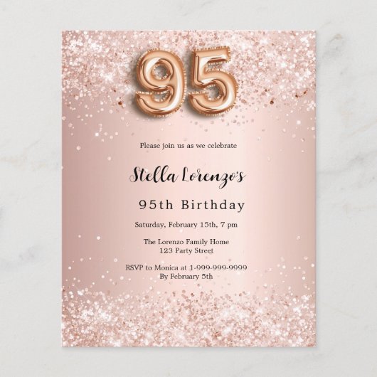 95e verjaardag roos gouden roze confetti uitnodigi (Voorkant)