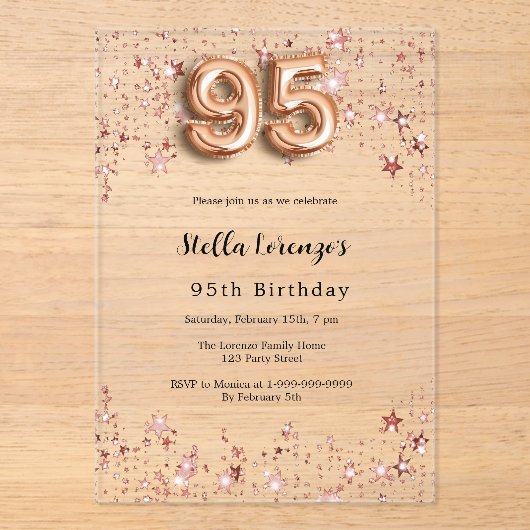 95e verjaardag roos gouden sterren helder acryl uitnodigingen (Voorkant)