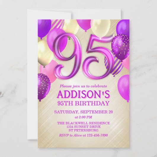 95e verjaardag roze ballonnen uitnodiging (Voorkant)