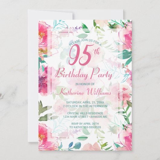 95e verjaardag Tropische Floral Pink Peony Party Kaart (Voorkant)