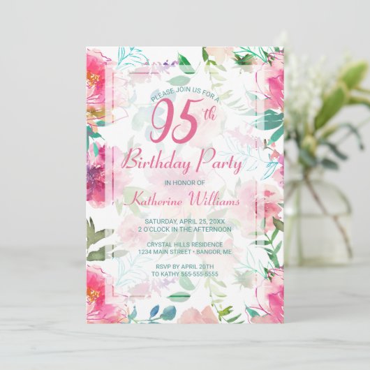 95e verjaardag Tropische Floral Pink Peony Party Kaart (Staand voorkant)