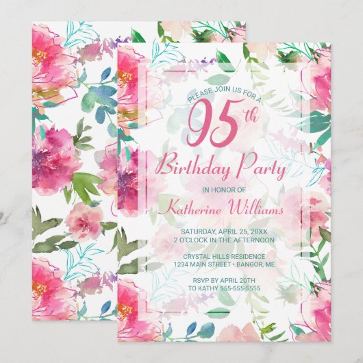 95e verjaardag Tropische Floral Pink Peony Party Kaart (Voorkant / Achterkant)