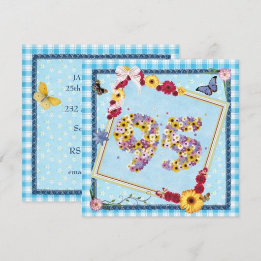 95e Verjaardag Uitnodiging bloemen, vlinders (Voorkant / Achterkant)