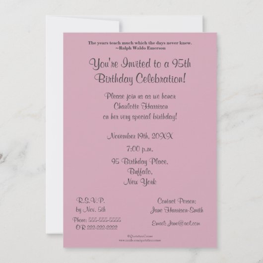 95e verjaardag van de roze rozen kaart (Achterkant)