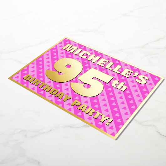 95e verjaardag - vuurroze harten en strips folie uitnodiging (Gedraaid)