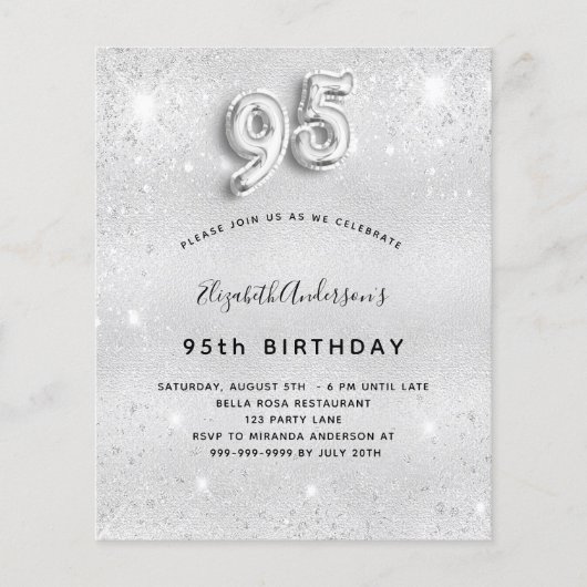 95e verjaardag zilveren glitter budgetuitnodiging (Voorkant)