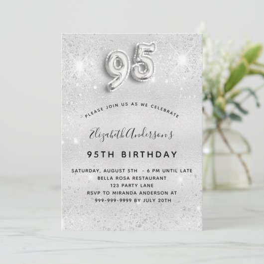 95e verjaardag zilveren glitter sparkles kaart (Staand voorkant)