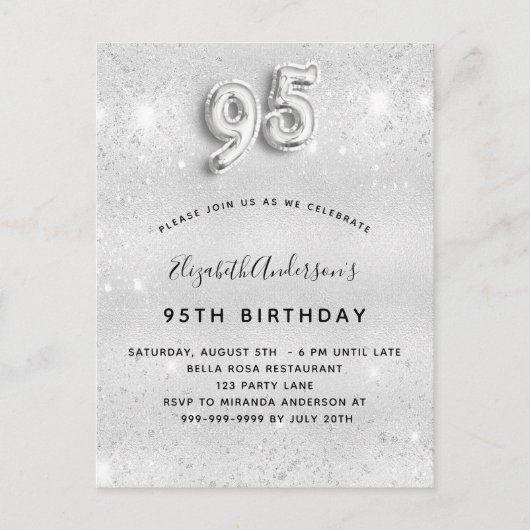 95e verjaardag zilveren glitter sparkles uitnodiging briefkaart (Voorkant)