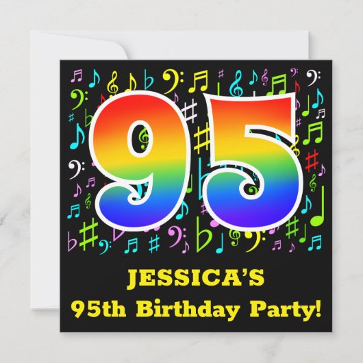 95e verjaardagsfeest: leuke muzieksymbolen, regenb kaart (Voorkant)