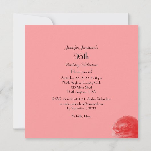 95e verjaardagsfeestje Coral Pink Rose, Naam, Bloe Kaart (Achterkant)