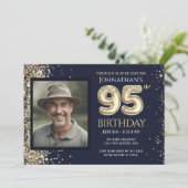 95e verjaardagsfeestje Goud Glitter Blauw Foto Kaart (Staand voorkant)