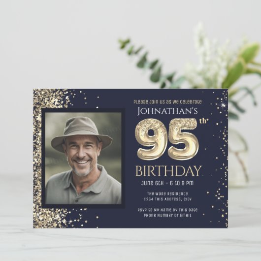 95e verjaardagsfeestje Goud Glitter Blauw Foto Kaart (Staand voorkant)