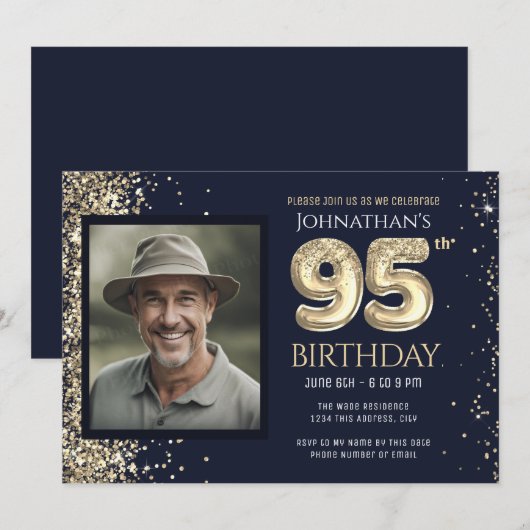 95e verjaardagsfeestje Goud Glitter Blauw Foto Kaart (Voorkant / Achterkant)