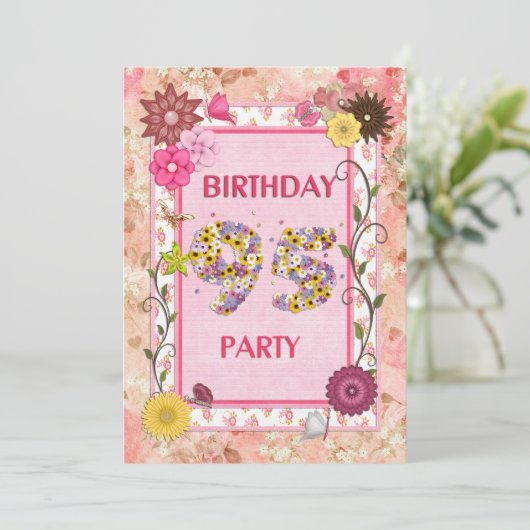 95e verjaardagsfeestuitnodiging met bloemenfeest l kaart (Staand voorkant)