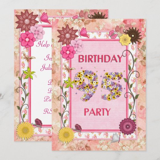 95e verjaardagsfeestuitnodiging met bloemenfeest l kaart (Voorkant / Achterkant)