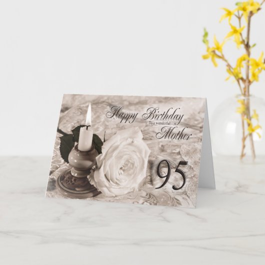 95e verjaardagskaart voor moeder, kaars en roos kaart (Gele Bloem)