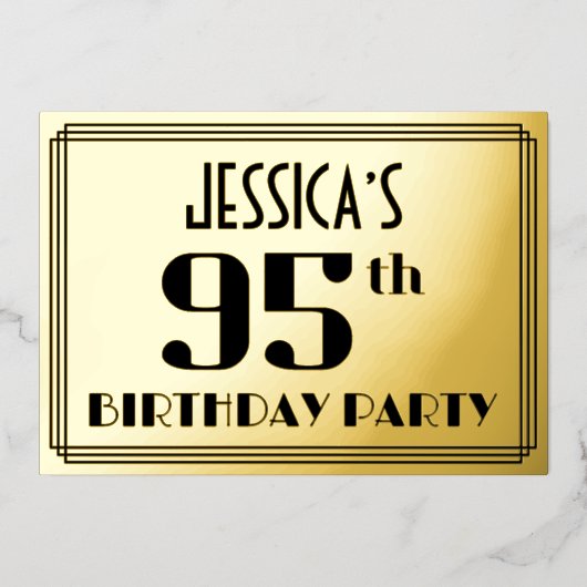 95ste verjaardag: Art Deco Kijk "95" en naam Folie Uitnodiging (Voorkant)