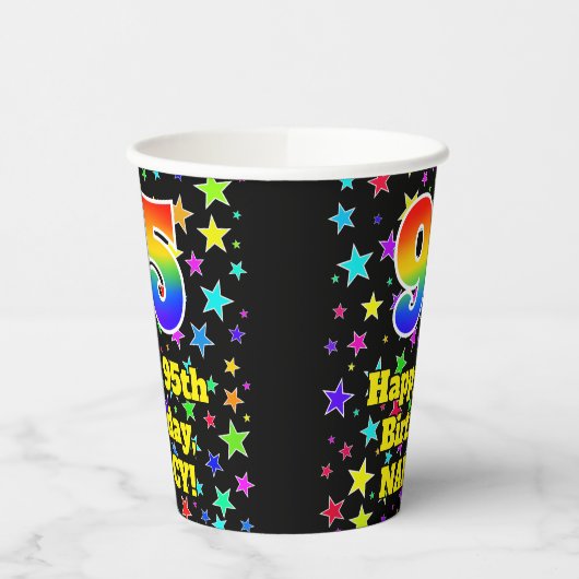 95ste verjaardag: Fun Stars Pattern en Rainbow 95 Papieren Bekers (Links)
