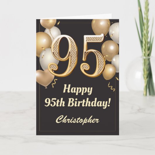 95th Birthday Black en Gold Balloons Confetti Kaart (Voorkant)