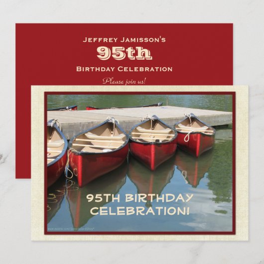 95th Birthday Celebration Invitation, Red Canoes Kaart (Voorkant / Achterkant)