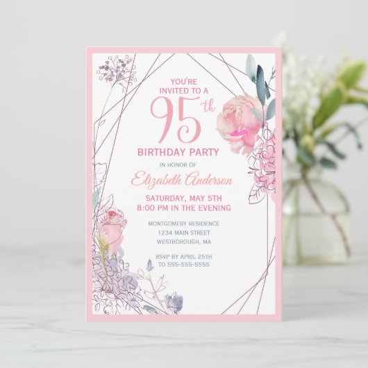 95th Birthday Floral Blush Roos Waterverf Party Kaart (Staand voorkant)