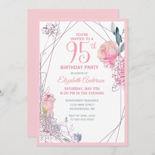 95th Birthday Floral Blush Roos Waterverf Party Kaart (Voorkant / Achterkant)