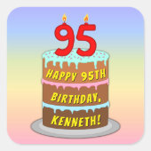 95th Birthday: Fun Cake and Candles + Custom Name Vierkante Sticker (Voorkant)