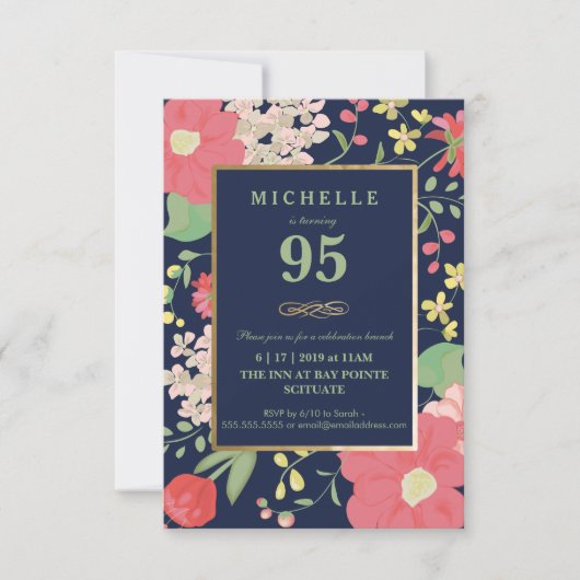 95th Birthday Invitation - Gold, Elegant Floral Kaart (Voorkant)