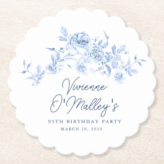 95th Birthday Party Blue Rose Floral Custom Kartonnen Onderzetters (Voorkant)
