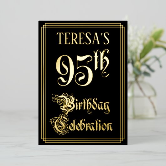 95th Birthday Party — Fancy script & aangepaste na Folie Uitnodiging (Staand Voorkant)