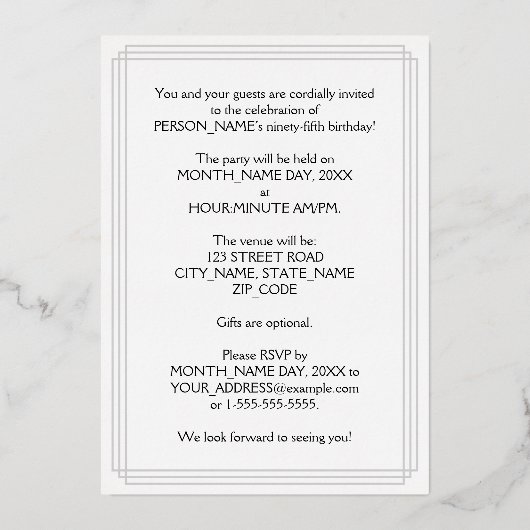 95th Birthday Party — Fancy script & aangepaste na Folie Uitnodiging (Achterkant)