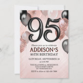 95th Birthday Roos Gold Balloons Invitation Kaart (Voorkant)