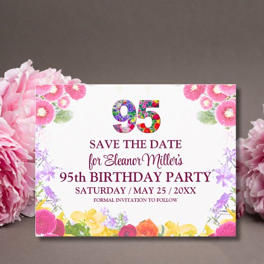 95th Birthday Save the Date, Blush Bloom Floral 95 Aankondigingskaart