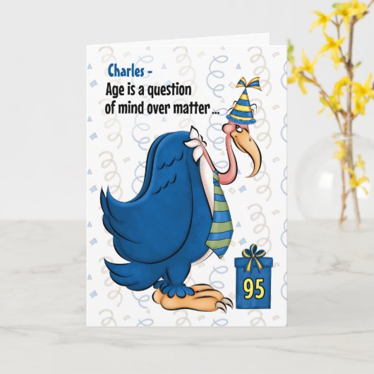 95th Funny Birthday Blue Buzzard in a Stropdas Kaart (Gele Bloem)