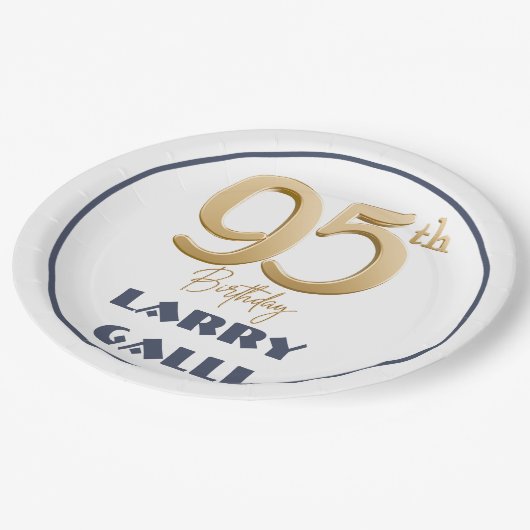 95th Verjaardag Goud Navy Blauw Aangepaste naam Papieren Bordje (Gekanteld)